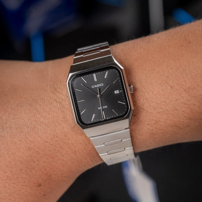 Casio MTP-B185D-1AVDF Men’s Silver Stainless Steel Square Watch with Black Dial| Casio MTP-B185D-1AVDF