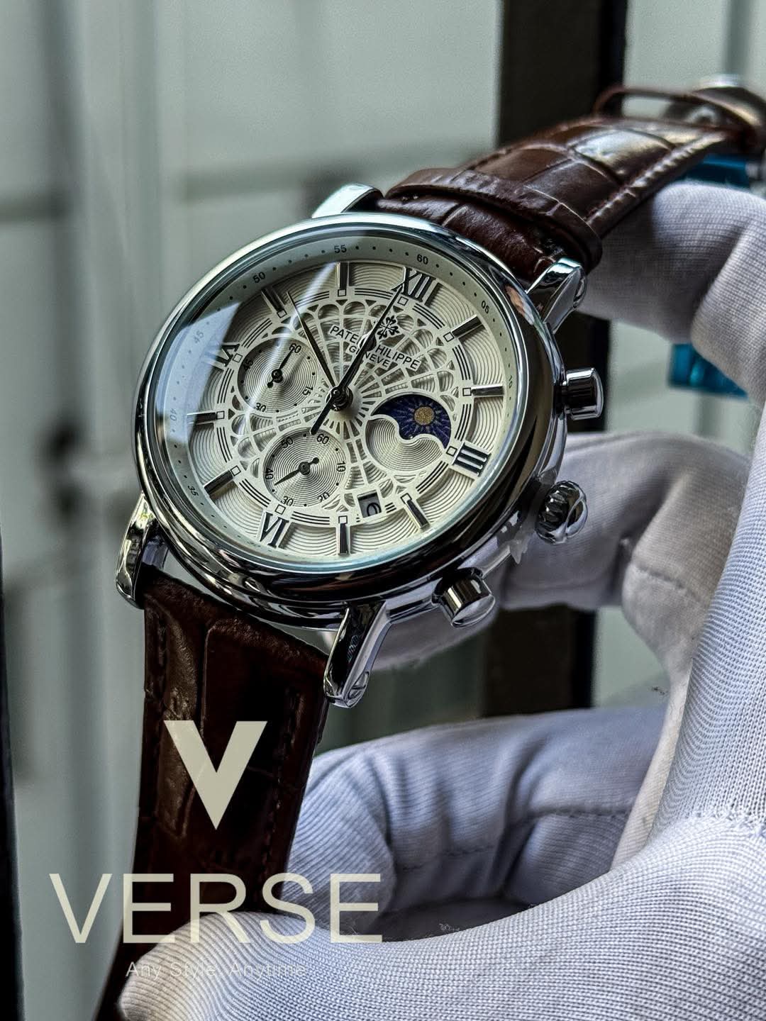 Patek Philippe Chronograph Moonphase Brown Belt Spider White Dial AA