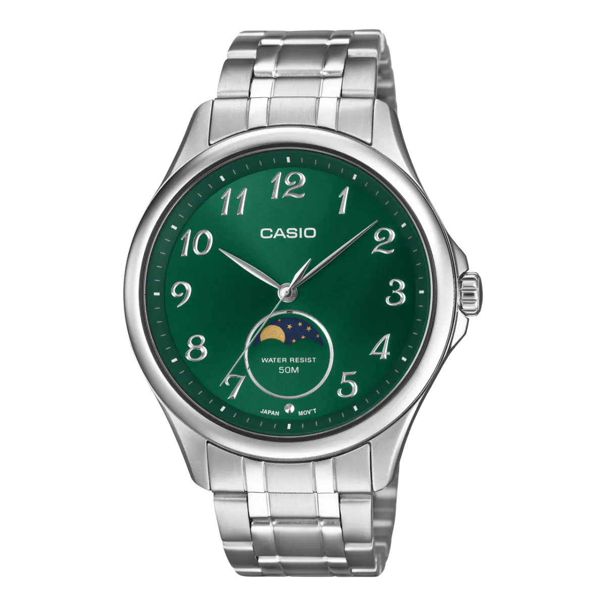 Casio MTP-M110D-3AV Moon Phase Green Dial Men's Stainless Steel Watch | Casio MTP-M110D-3AV