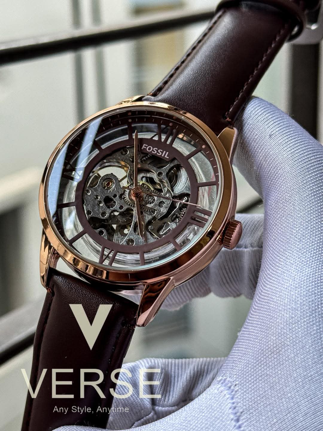 Fossil Automatic Brown Belt Skeleton Dial Rose Gold Case AA