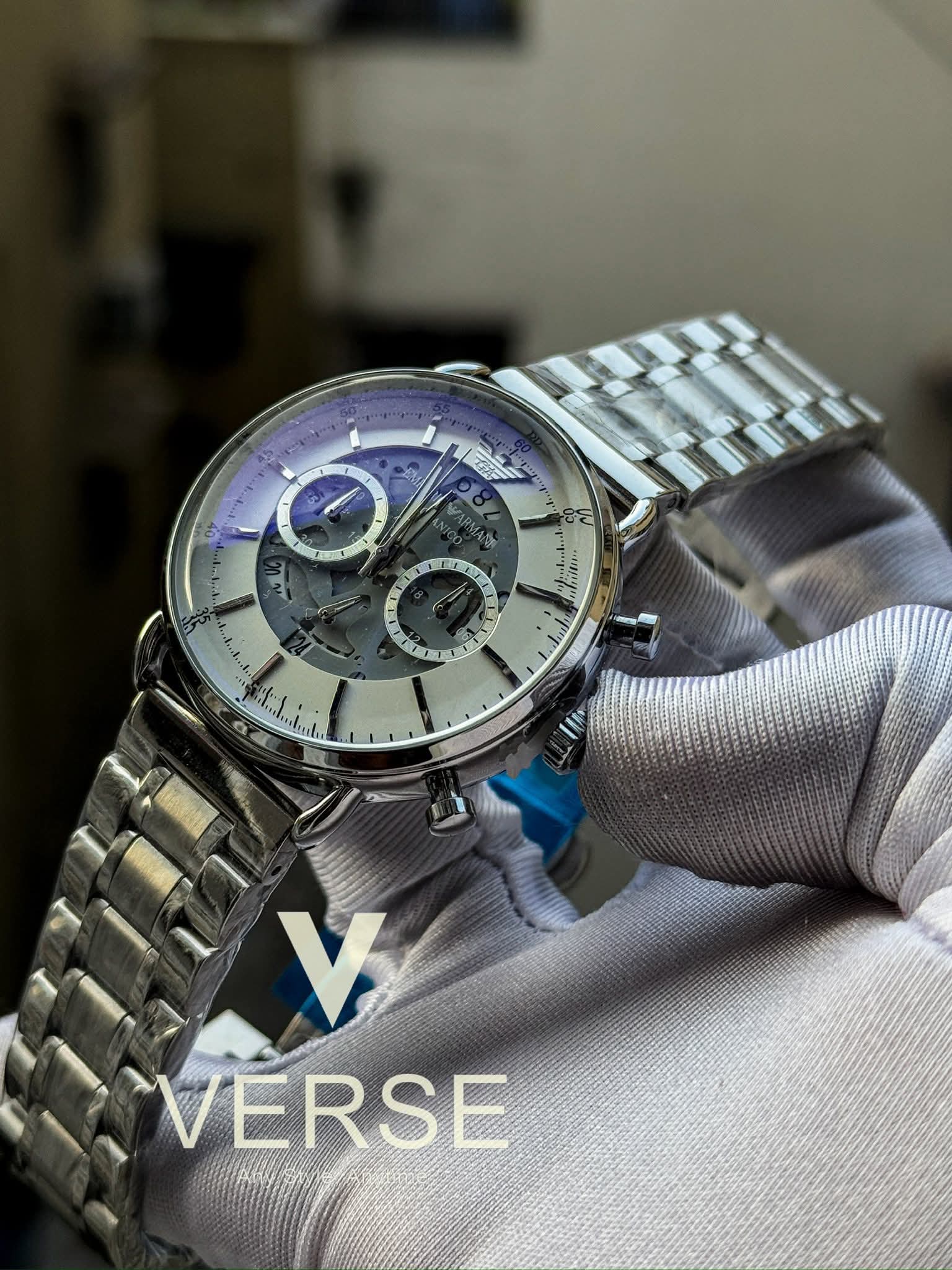 Armani Oval Meccanico Silver Chain White Dial AA