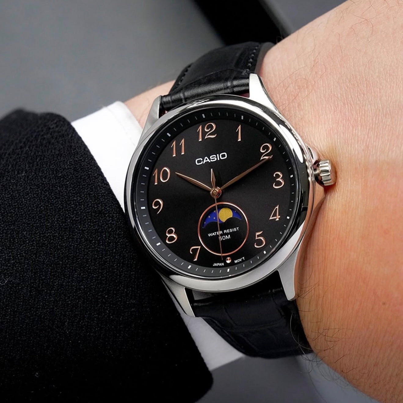 Casio MTP-M110L-1AV Moon Phase Black Dial Men's Leather Watch | Casio MTP-M110L-1AV