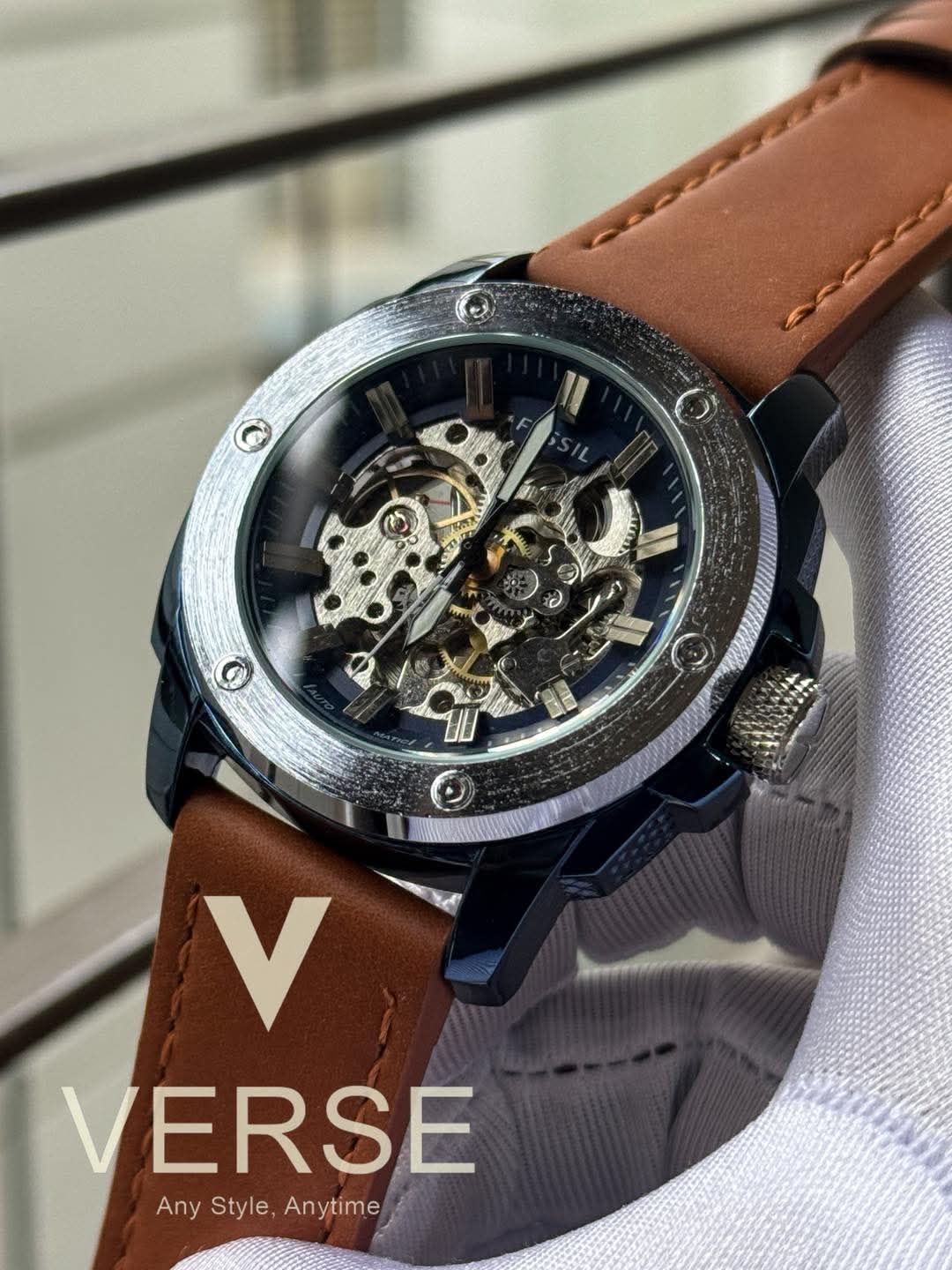 Fossil Automatic Mustard Belt Big Blue Dial AA