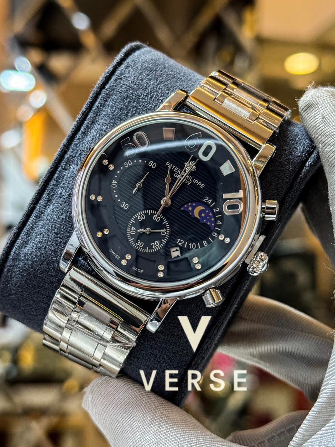 Patek Philippe Black Dial Tri Digits Silver Chain AA