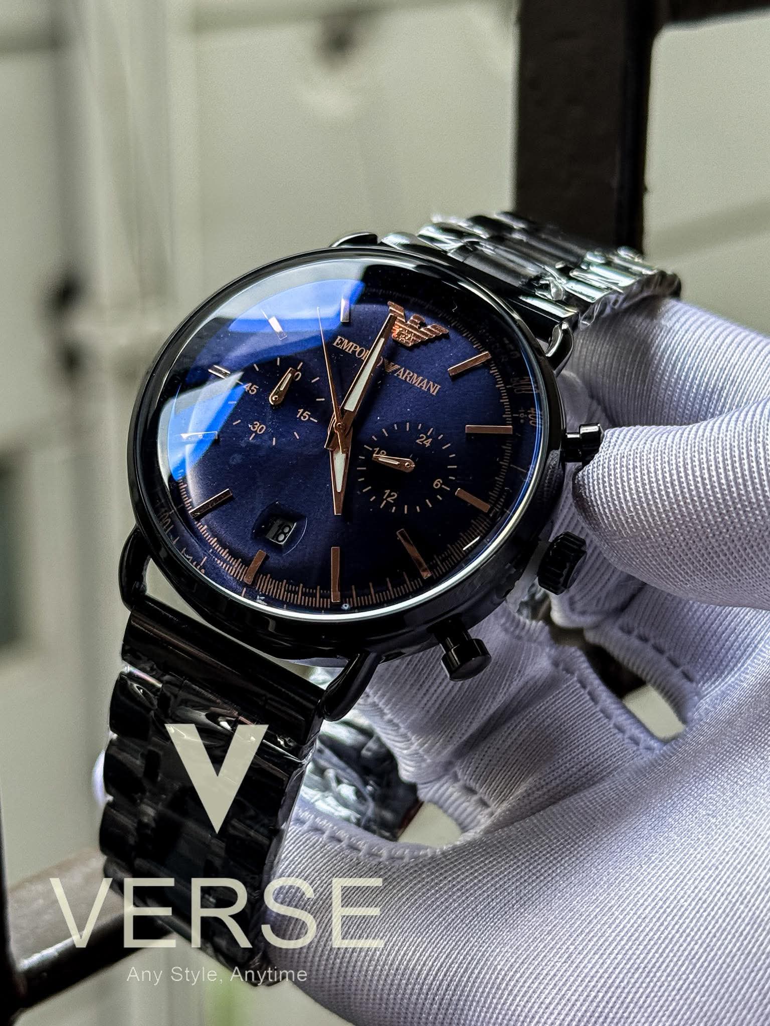 Armani Luigi Chronograph | Black Chain Blue Dial Rose Gold Digits - AA