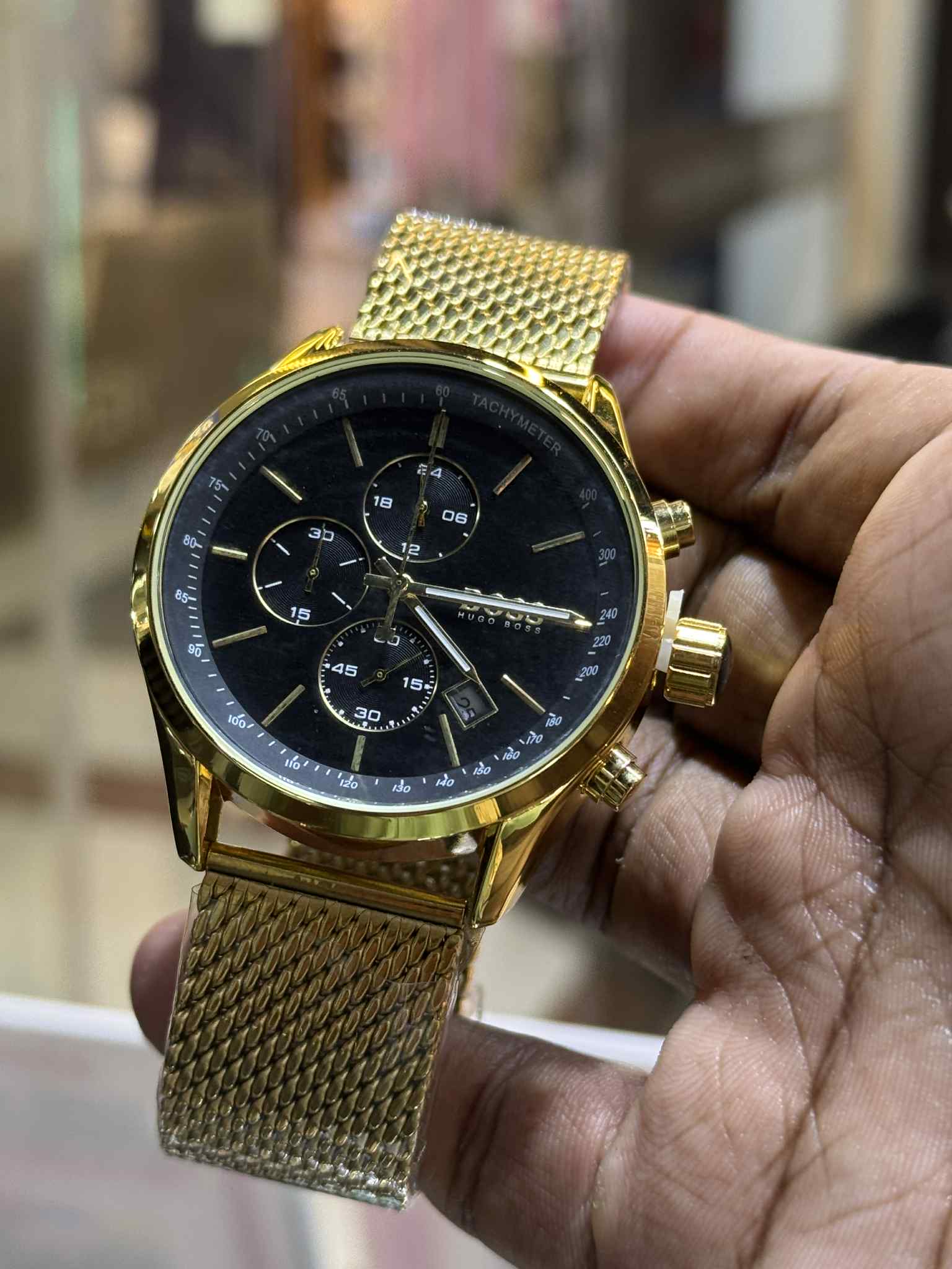 Boss Chronograph Golden Mesh Chain Black Dial AA