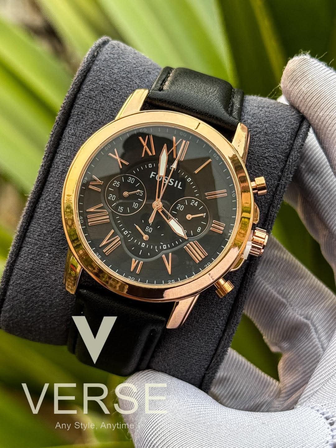 Fossil Grant Chronograph Black Belt Rose Gold Case AA