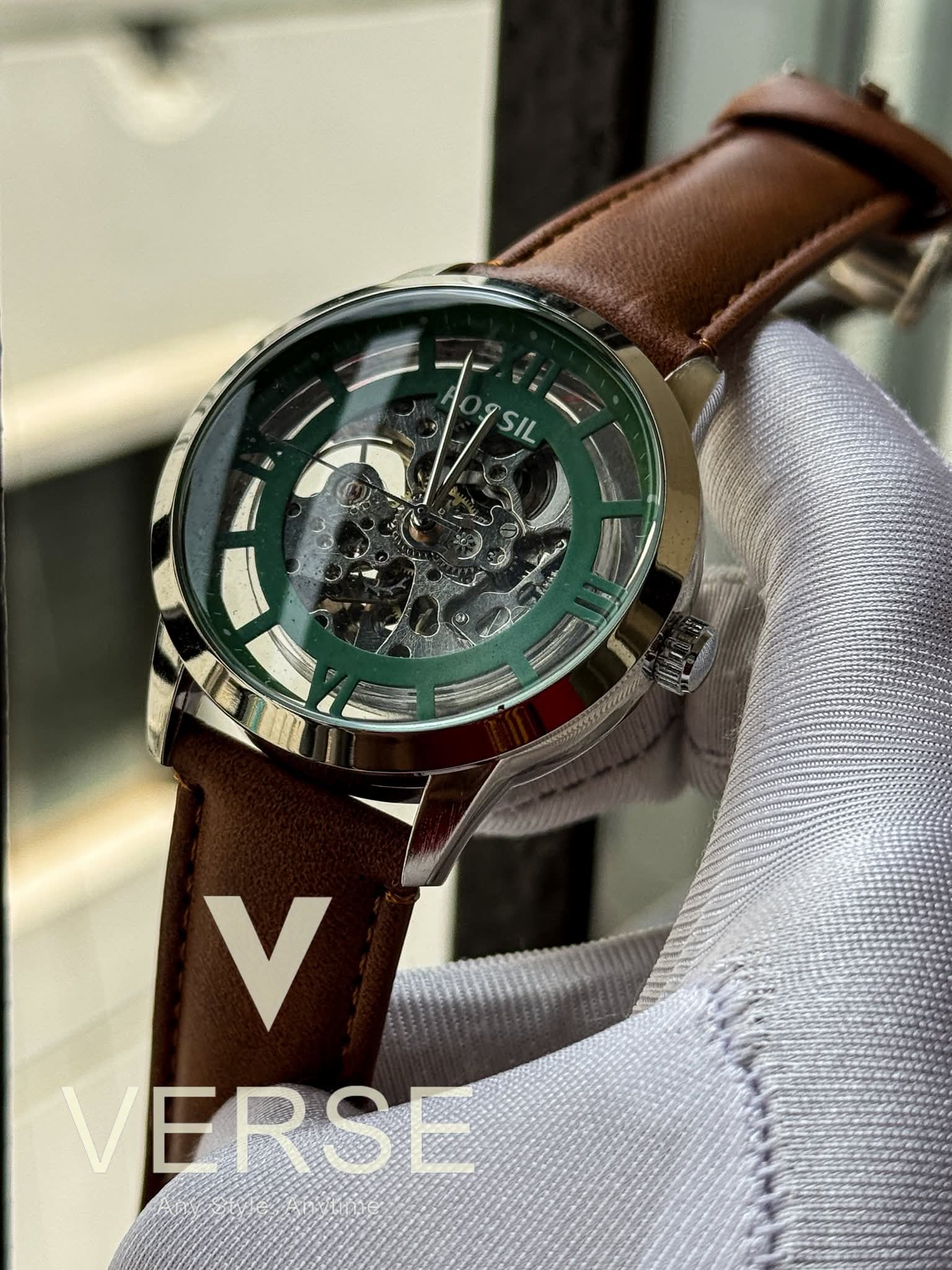 Fossil Automatic Skeleton Mustard Belt Green Dial AA