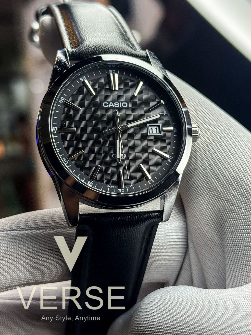 Casio MTP-VD03L-1AUDF Men’s Silver Case Leather Strap Watch with Black Dial| Casio MTP-VD03L-1AUDF