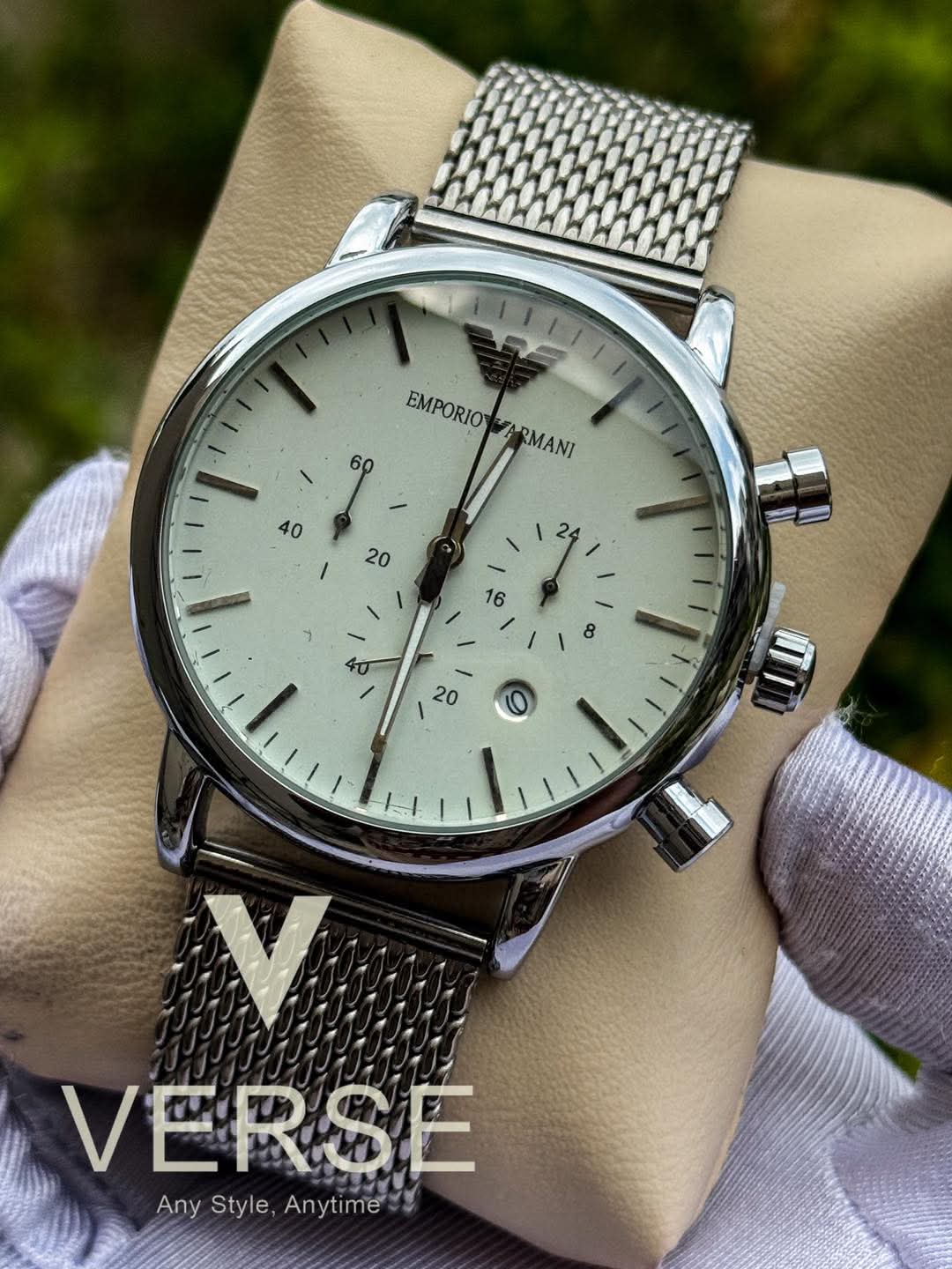Armani Luigi Chronograph Mesh Chain Glossy White Dial AA