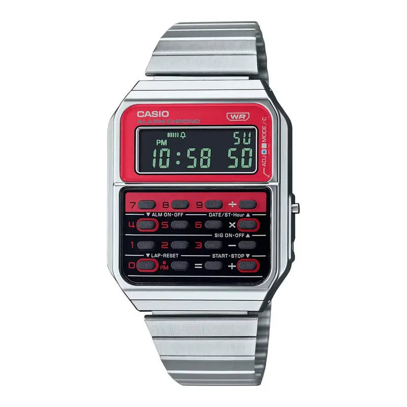 Casio Vintage CA-500WE-4BDF Digital Red Dial Calculator Stainless Steel Unisex Watch | Casio CA-500WE-4BDF