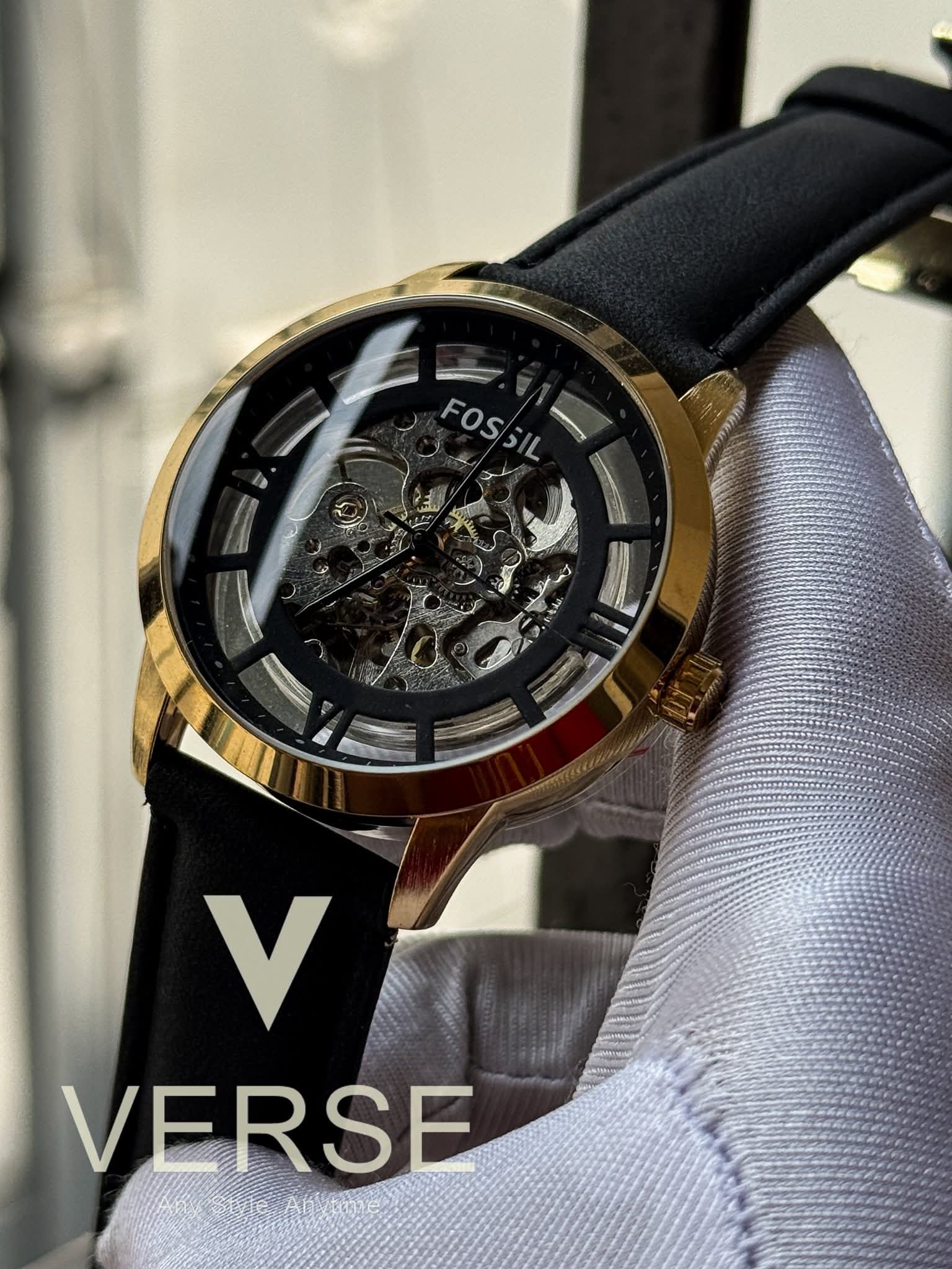 Fossil Automatic Skeleton Black Belt Gold Case AA