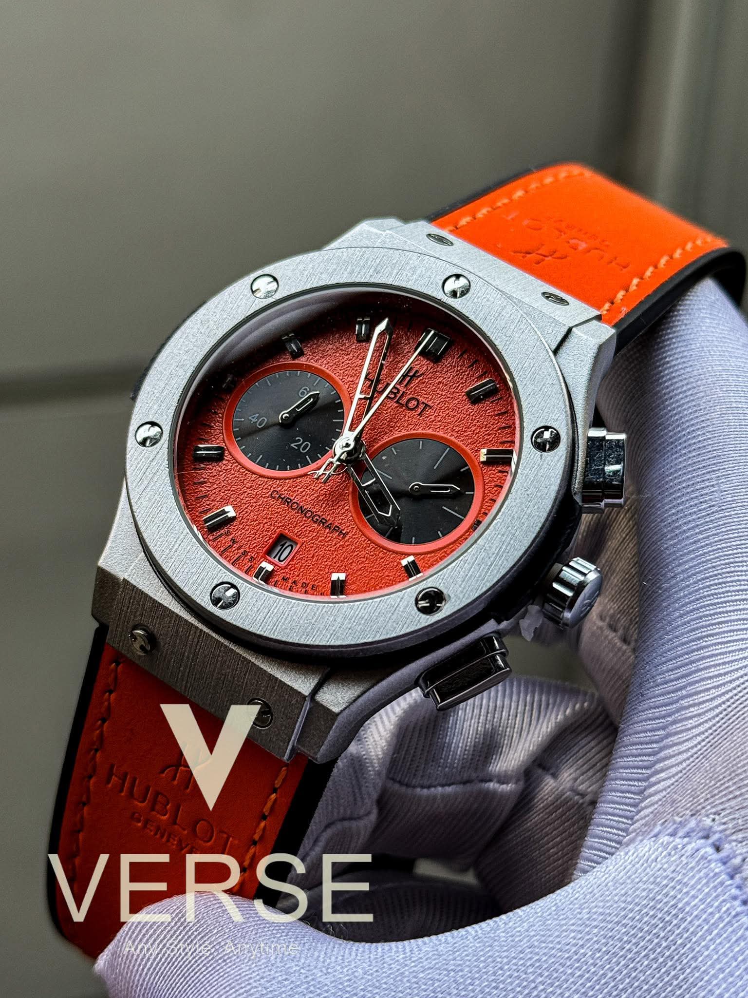 Hublot Classic Fusion Chronograph Orange Belt Silver Case AA