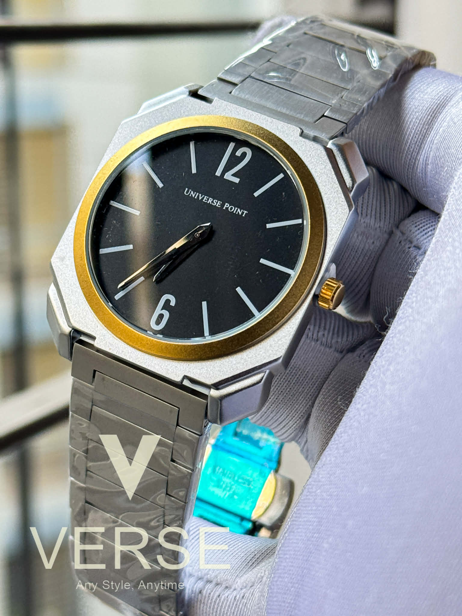 UNIVERSE POINT Ultra Slim Octagonal Stainless Steel Watch – Two-Tone Case Black Dial | UP3949-1205B