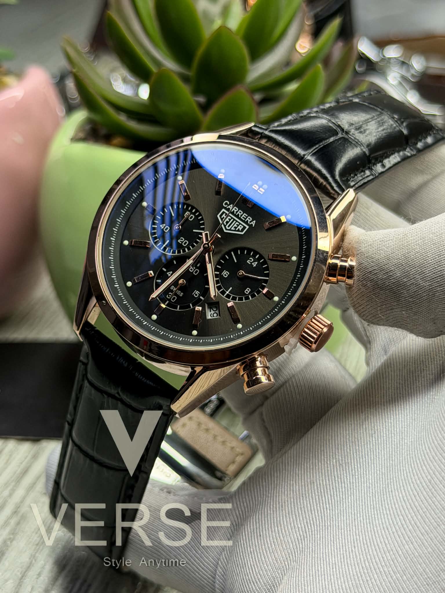 TAG Heuer Carrera Chronograph - Black Dial Rose - Gold Case ( Double A ) - VERSE - 
